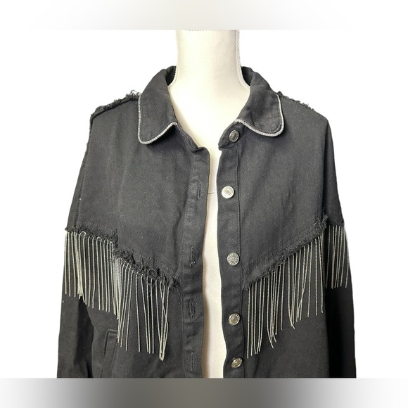 FINDTHY Women’s Fashion Rhinestone Fringe Jacket Long Sleeve Denim Jean Jacket - Picture 3 of 11